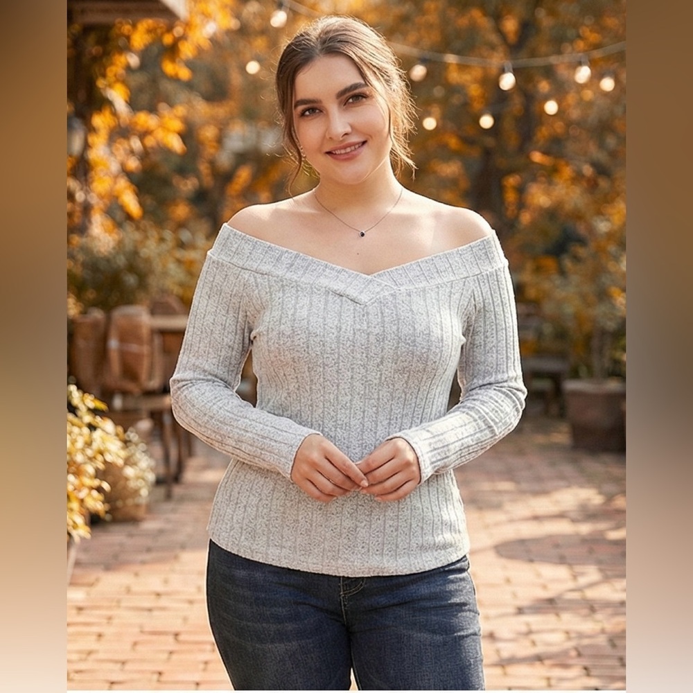 Light Grey Ribbed Knit Off-the-Shoulder Long Sleeve lightweight Sweater Top